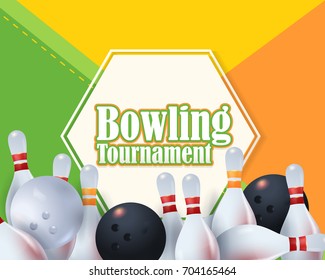 Bowling Poster Vector Colorful Material Design Background. Bowl Event Info Postcard and Sports Ad Web Banner or Horizontal Card Template. Realistic Ball and Tenpins Illustration