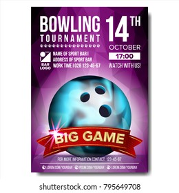 Bowling Poster Vector. Design For Sport Bar Promotion. Bowling Ball. Modern Tournament. A4 Size. Championship Bowling League Flyer Template. Game Illustration
