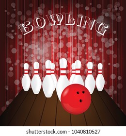 bowling poster with white pin and red ball art illustration