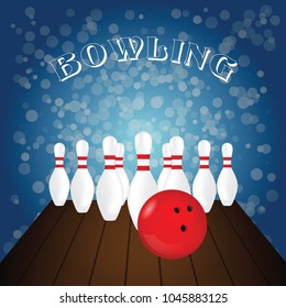 bowling poster with white pin and red ball art illustration on blue background