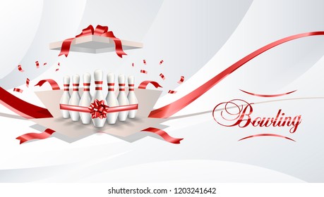 Bowling present open box with pins red color ribbon on white background. Vector illustration. 