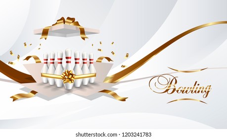 Bowling present open box with pins gold color ribbon on white background. Vector illustration. 