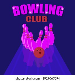 Bowling purple pins and red ball. Realistic objects for banner, poster, flyer, postcard, label. Vector illustration