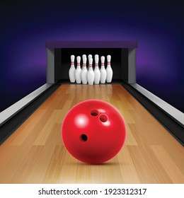 Bowling realistic advertising square composition with view of track with red ball and standing pins range vector illustration