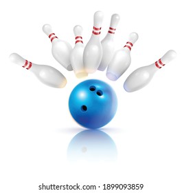 Bowling realistic composition with images of strike ball and flying pins with shadows on blank background vector illustration