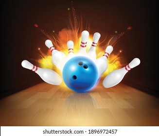 Bowling realistic fire composition with view of lane with ball and pins under strike with flame vector illustration