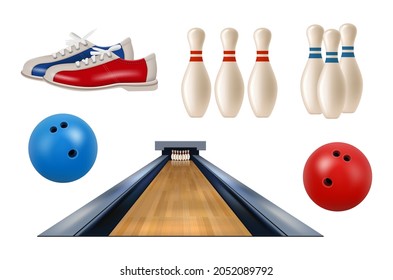 Bowling realistic. Gaming balls skittles specific shoes sneakers rating table result sport active game decent vector collection set isolated