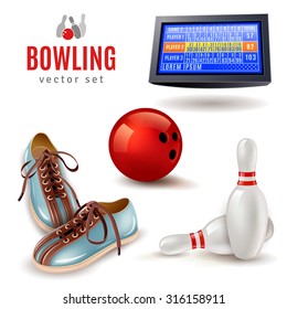 Bowling realistic icons set with shoes ball and pins isolated vector illustration 