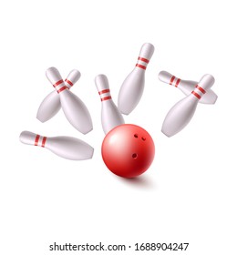 Bowling red ball flying into group of pins, realistic vector illustration isolated on white background. Bowling game equipment or tools logo or banner element.