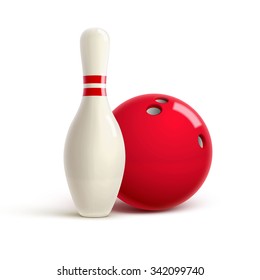 bowling red ball, bowling logo,bowling pins, bowling object, bowling realistic theme  Editable vector on white background 