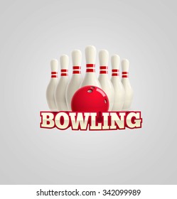 bowling red ball, bowling logo,bowling pins, bowling object, bowling realistic theme  Editable vector on white background 