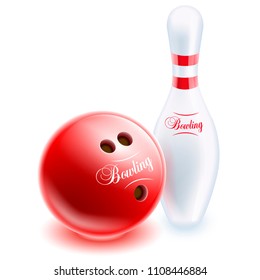 Bowling red ball and pin. Vector clipart illustration.