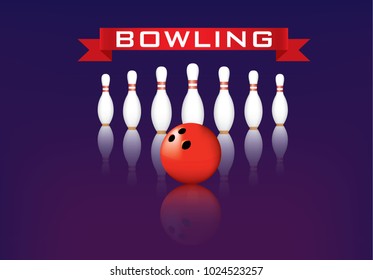 Bowling red Ball Pins  Red Ribbon  vector illustration on background

