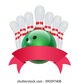 Bowling red ribbon. Set of skittles and bowling ball. Green bowling ball.