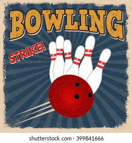 Bowling retro poster design template on blue background, vector illustration
