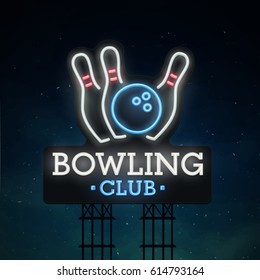 Bowling road sing. City sign neon. Logo, emblem. Bowling neon sign, bright signboard, light banner. 