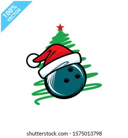 Bowling santa hat with christmas tree background logo vector