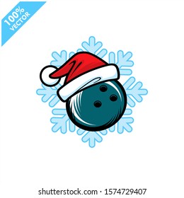 Bowling santa hat with snow flake background  logo vector