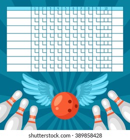 Bowling Score Sheet. Blank Template Scoreboard With Game Objects.