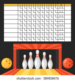 Bowling Score Sheet. Blank Template Scoreboard With Game Objects.