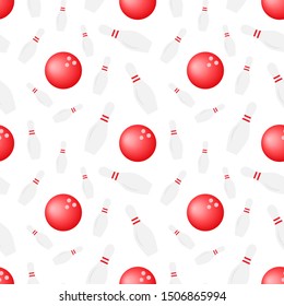 Bowling seamless repeat pattern with gray pins and red balls on the white background. Decorative ornament for wrapping paper, banners, cards, posters. Vector illustration