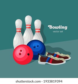 Bowling set. Bowling club. Vector illustration in flat style. 