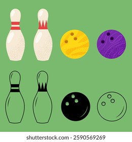 Bowling. Set of coloured and black and white icons of pins and ball for bowling. Line icon. For designs team sports and outdoor activity themes.