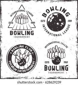 Bowling set of four vintage emblems, labels, badges or logos on background with removable grunge textures