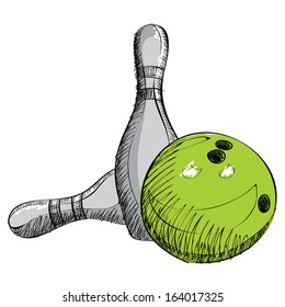 Bowling set hand drawn sketch vector illustration
