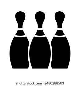 Bowling set icon. Three white pins, red stripes, sports equipment, game, competition, recreation, indoor activity, strike, leisure.