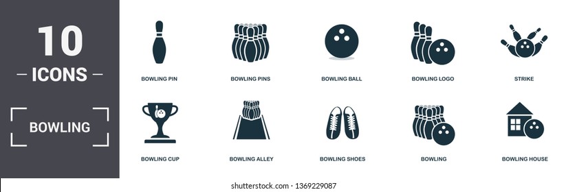 Bowling set icons collection. Includes simple elements such as Bowling Pin, Pins, Bowling Ball, Logo, Strike, and Popcorn premium icons.