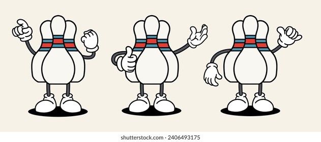 Bowling set mascot of 70s groovy. Collection of cartoon,retro, groovy characters. Vector illustration.