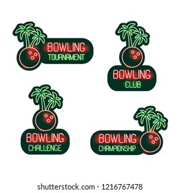 Bowling set of neon signs club, tournament, challenge, championship. Vector tropical collection of green and red Symbols, Neon Logo, Night Lighting Billboard Ads with a bowling ball and palm trees.