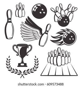 Bowling set of vector black design elements and objects isolated on white background