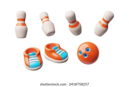 Bola, conjunto de ilustración vectorial vectorial volumétrica 3d o icono aislado en fondo blanco. Cute caricatura de boliche de juguete, pelota y zapatos, objeto 3D realista en efecto plástico. Equipamiento deportivo.