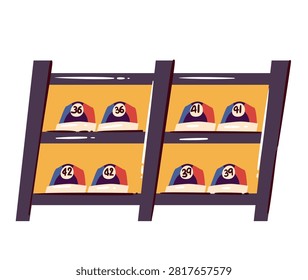 Bowling shoe rack with numbered rental shoes arranged on two shelves. Bowling club, equipment rental and game venue graphics featuring a bowling shoe rack, cartoon vector illustration.