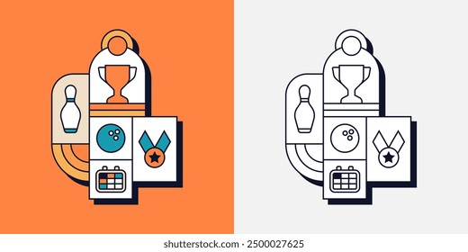 Bowling Shoe Skittles Ball Sport Game Competition Trophy Medal Geometric Line Art Illustration