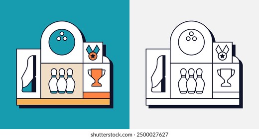 Bowling Shoe Skittles Ball Sport Game Competition Trophy Medal Geometric Line Art Illustration