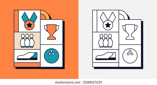 Bowling Shoe Skittles Ball Sport Game Competition Trophy Medal Geometric Line Art Illustration