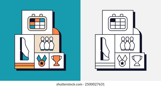 Bowling Shoe Skittles Ball Sport Game Competition Trophy Medal Geometric Line Art Illustration