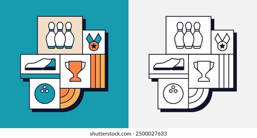 Bowling Shoe Skittles Ball Sport Game Competition Trophy Medal Geometric Line Art Illustration