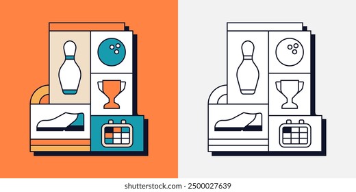 Bowling Shoe Skittles Ball Sport Game Competition Trophy Medal Geometric Line Art Illustration