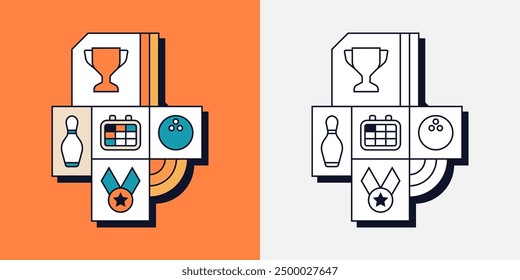 Bowling Shoe Skittles Ball Sport Game Competition Trophy Medal Geometric Line Art Illustration