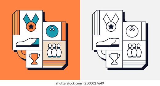 Bowling Shoe Skittles Ball Sport Game Competition Trophy Medal Geometric Line Art Illustration