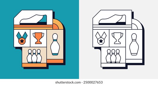 Bowling Shoe Skittles Ball Sport Game Competition Trophy Medal Geometric Line Art Illustration