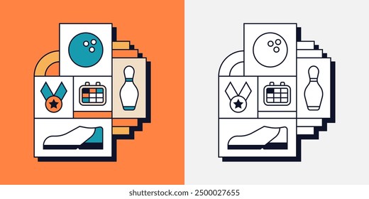 Bowling Shoe Skittles Ball Sport Game Competition Trophy Medal Geometric Line Art Illustration
