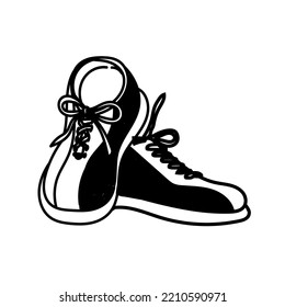 Bowling shoes, hand-drawn in doodle style. Sport. Game. Comfortable bowling shoes. Laces. Strike, win. Isolated element on white background. Vector simple illustration.