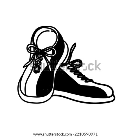 Bowling shoes, hand-drawn in doodle style. Sport. Game. Comfortable bowling shoes. Laces. Strike, win. Isolated element on white background. Vector simple illustration.