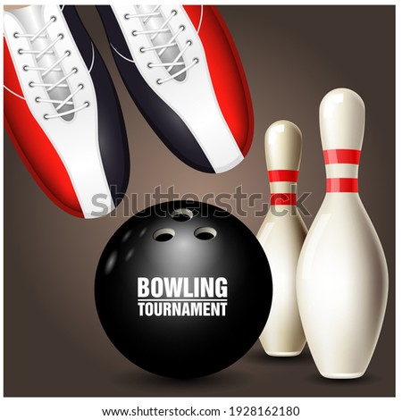 Bowling shoes, skittle and ball, bowling tournament invitation or poster, vector