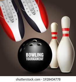 Bowling shoes, skittles and ball top view, bowling tournament poster, vector